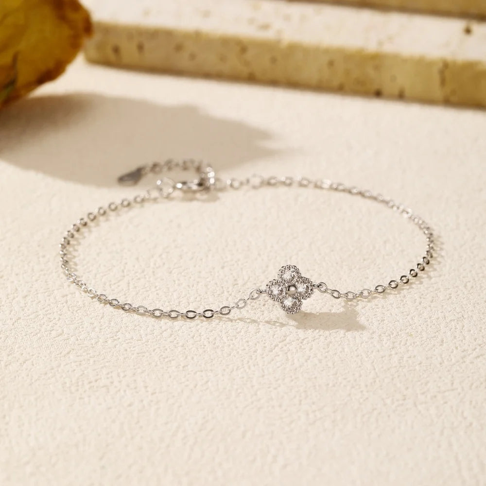 Sterling Silver Four Leaf Clover CZ Link Bracelet for Women