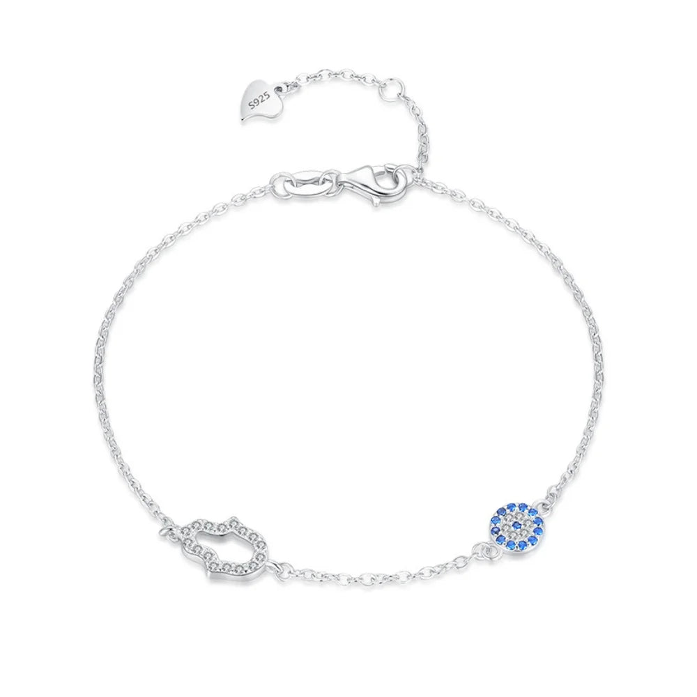 Sterling Silver Hamsa Hand and Evil Eye Bracelet - Lucky Eye Bracelet