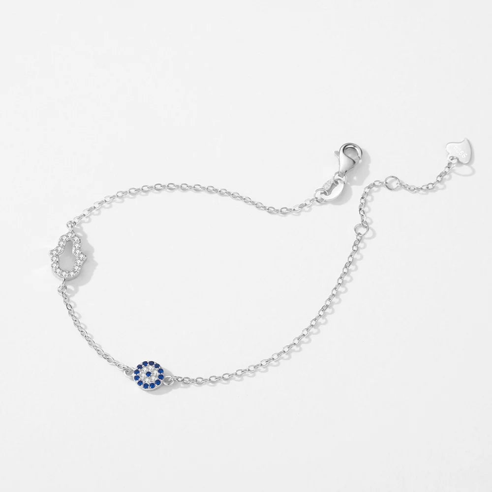 Sterling Silver Hamsa Hand and Evil Eye Bracelet - Lucky Eye Bracelet