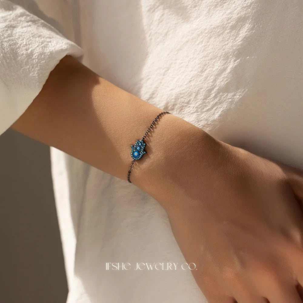 Sterling Silver Hamsa Hand Evil Eye Bracelet with Turquoise Charm