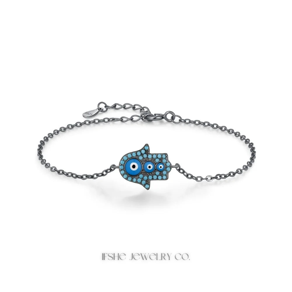 Sterling Silver Hamsa Hand Evil Eye Bracelet with Turquoise Charm