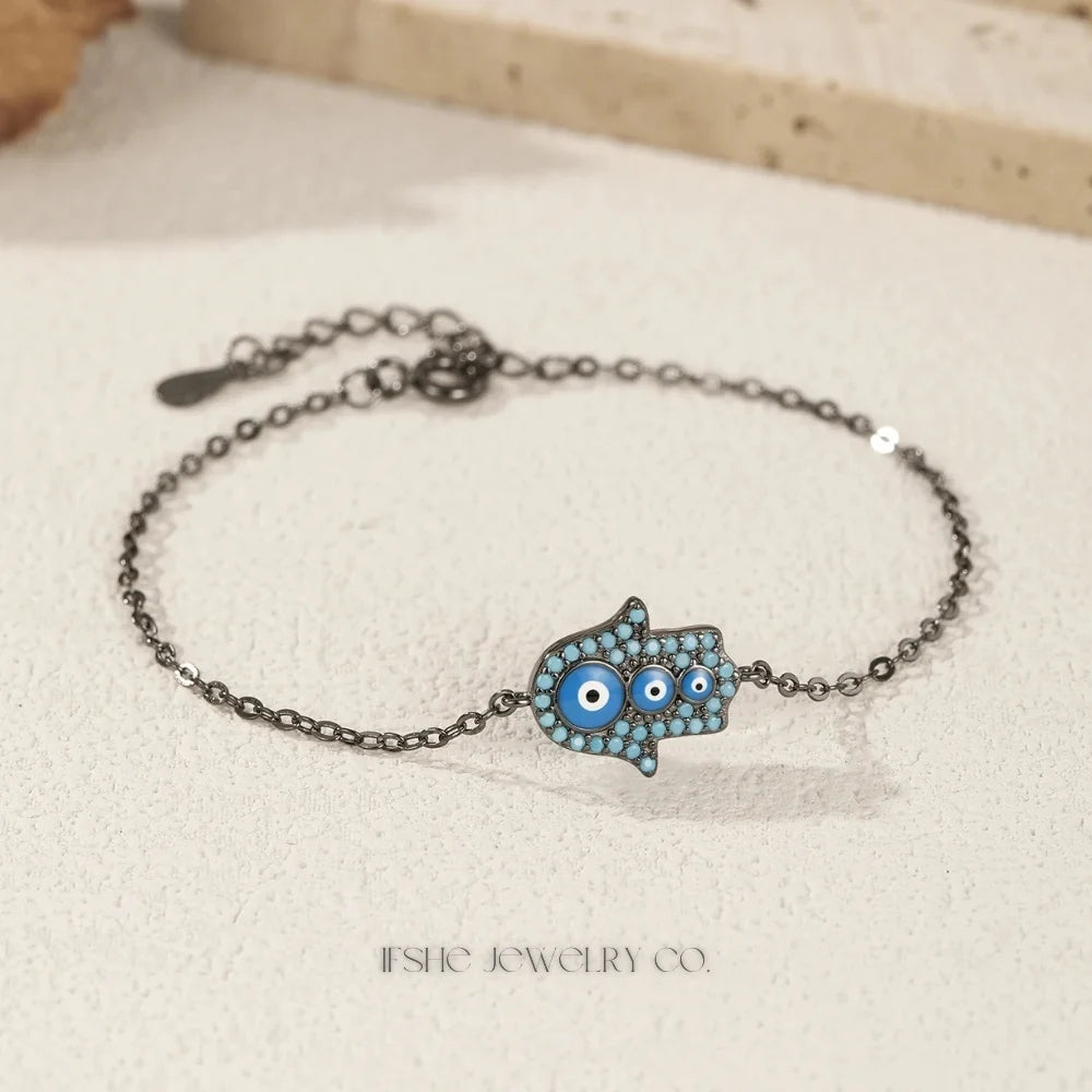 Sterling Silver Hamsa Hand Evil Eye Bracelet with Turquoise Charm