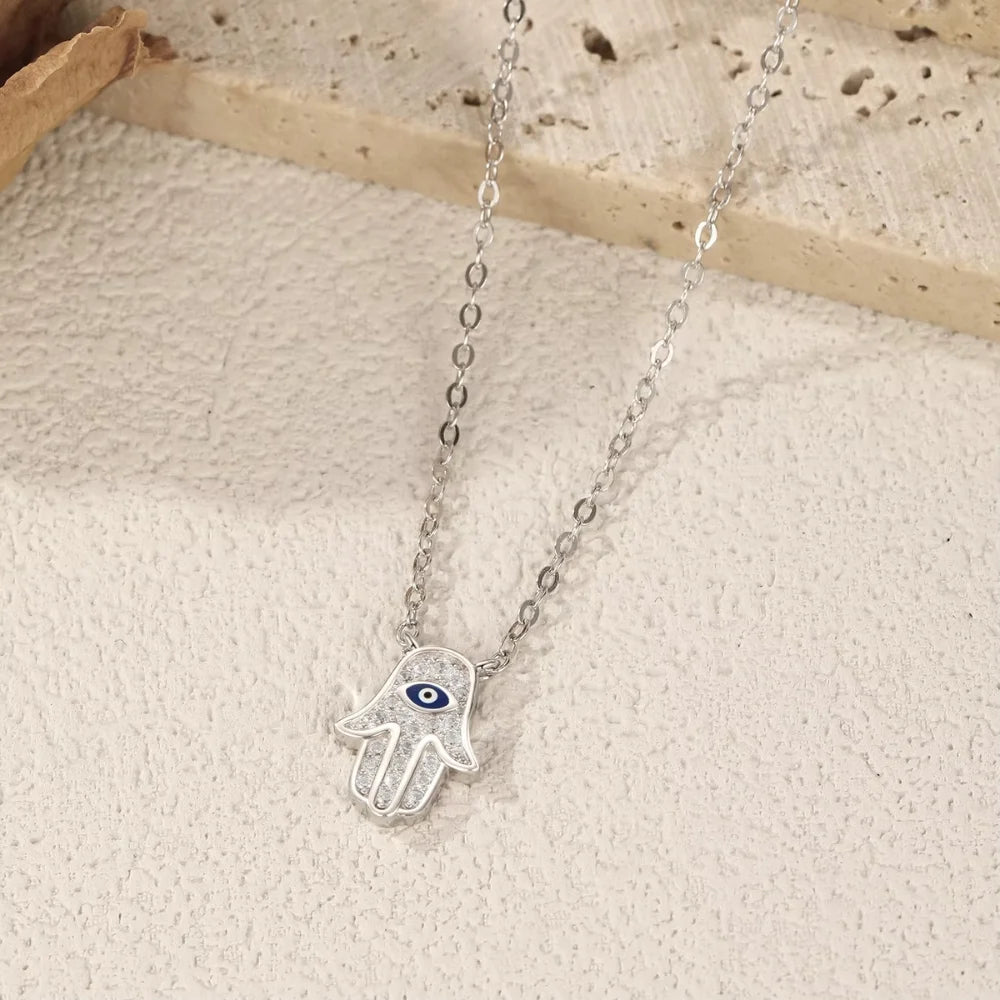 Sterling Silver Hamsa Hand & Evil Eye Necklace