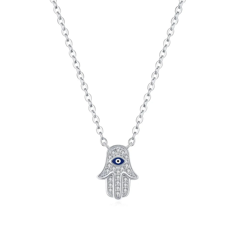 Sterling Silver Hamsa Hand & Evil Eye Necklace