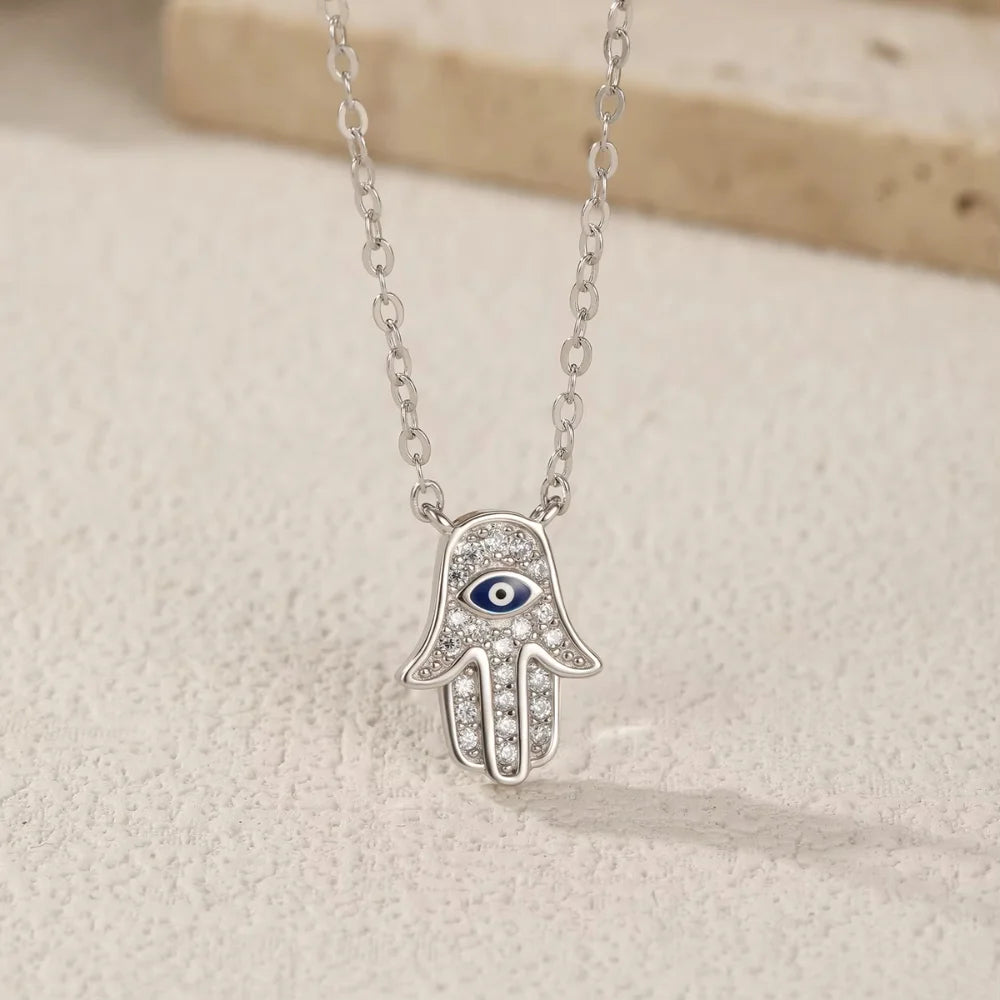Sterling Silver Hamsa Hand & Evil Eye Necklace