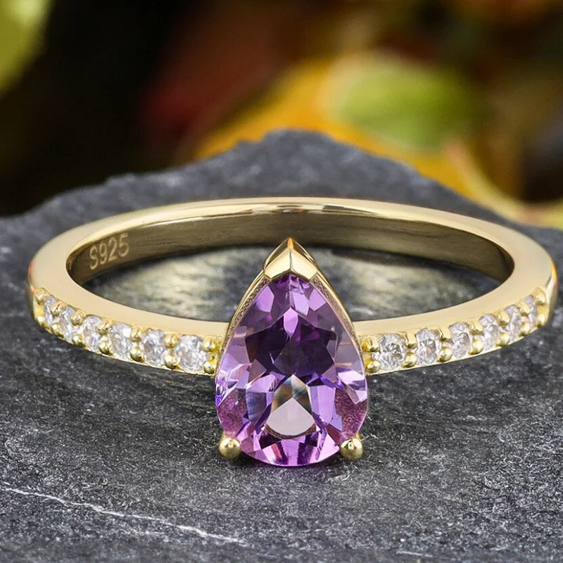 Sterling Silver Moissanite & Amethyst Ring Pear Cut