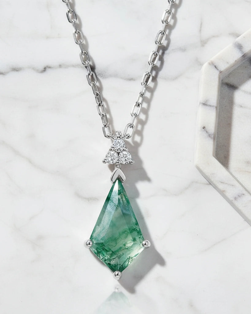 Sterling Silver Moss Agate Kite Cut Pendant Necklace