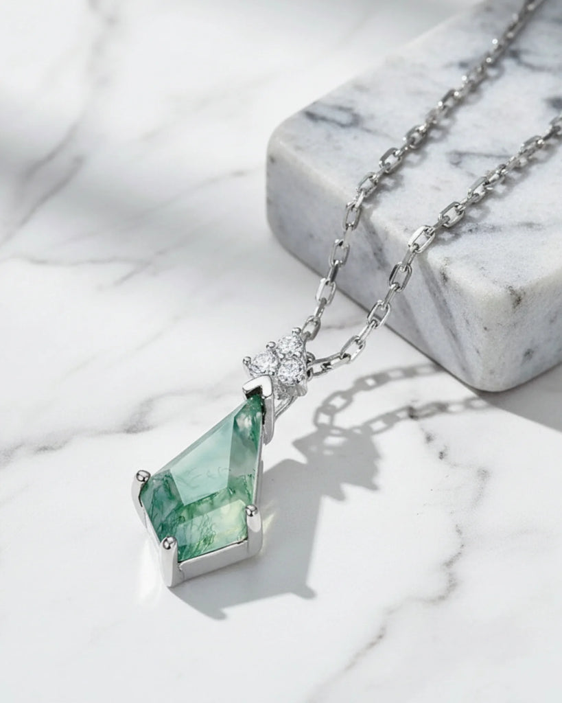 Sterling Silver Moss Agate Kite Cut Pendant Necklace