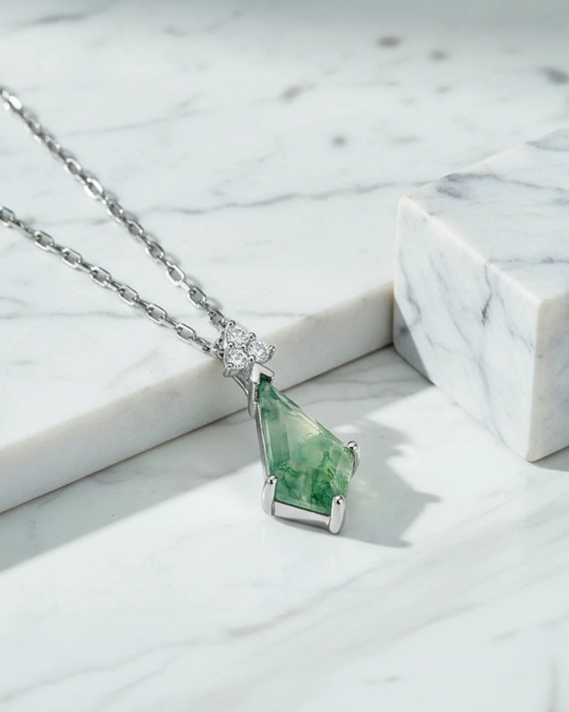 Sterling Silver Moss Agate Kite Cut Pendant Necklace