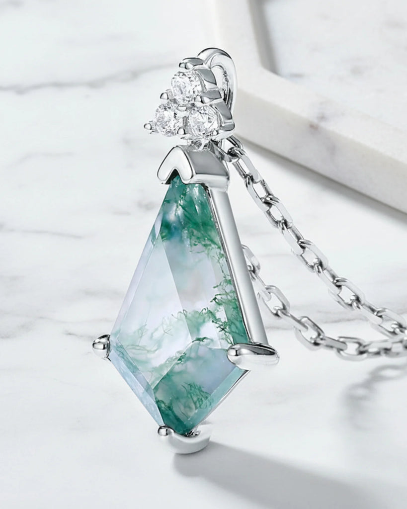 Sterling Silver Moss Agate Kite Cut Pendant Necklace