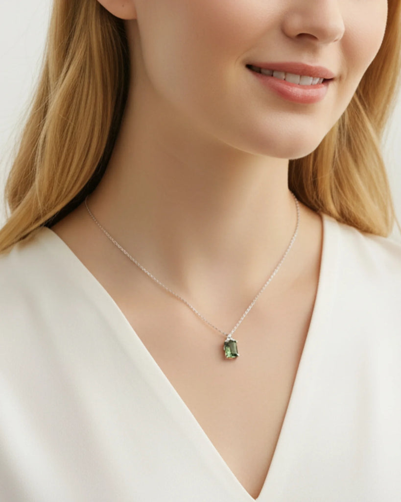 Sterling Silver Moss Agate Pendant Necklace Emerald Cut