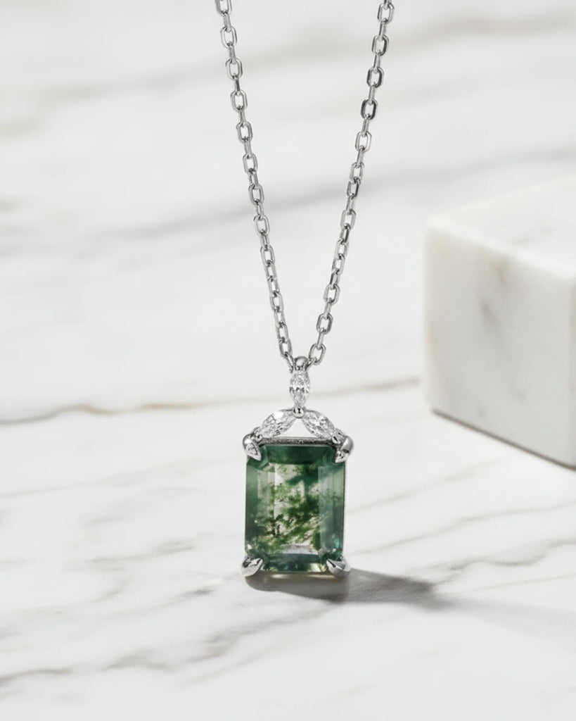 Sterling Silver Moss Agate Pendant Necklace Emerald Cut