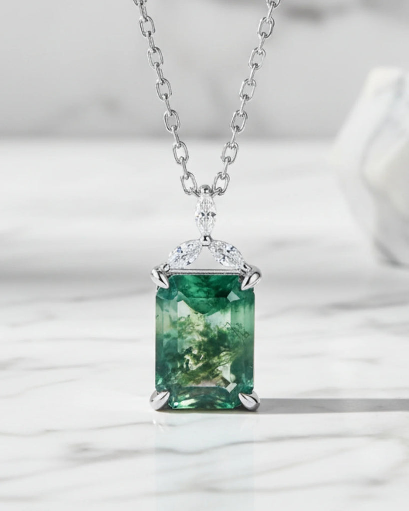 Sterling Silver Moss Agate Pendant Necklace Emerald Cut
