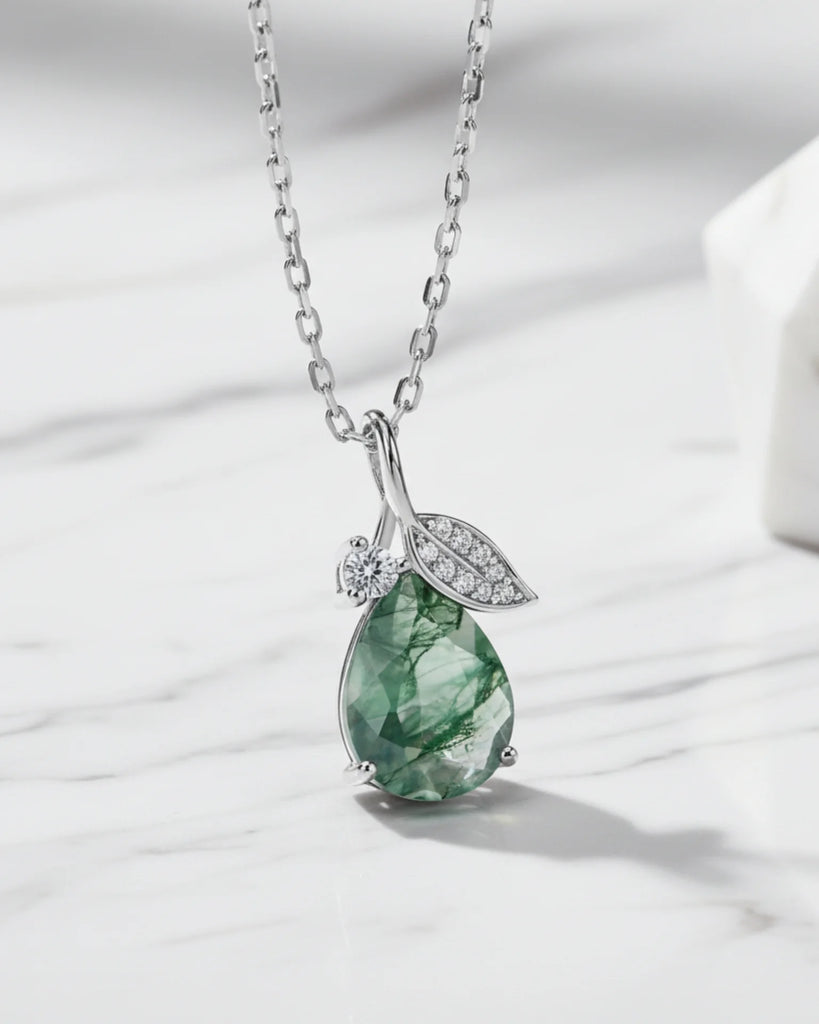 Sterling Silver Moss Agate Teardrop Necklace