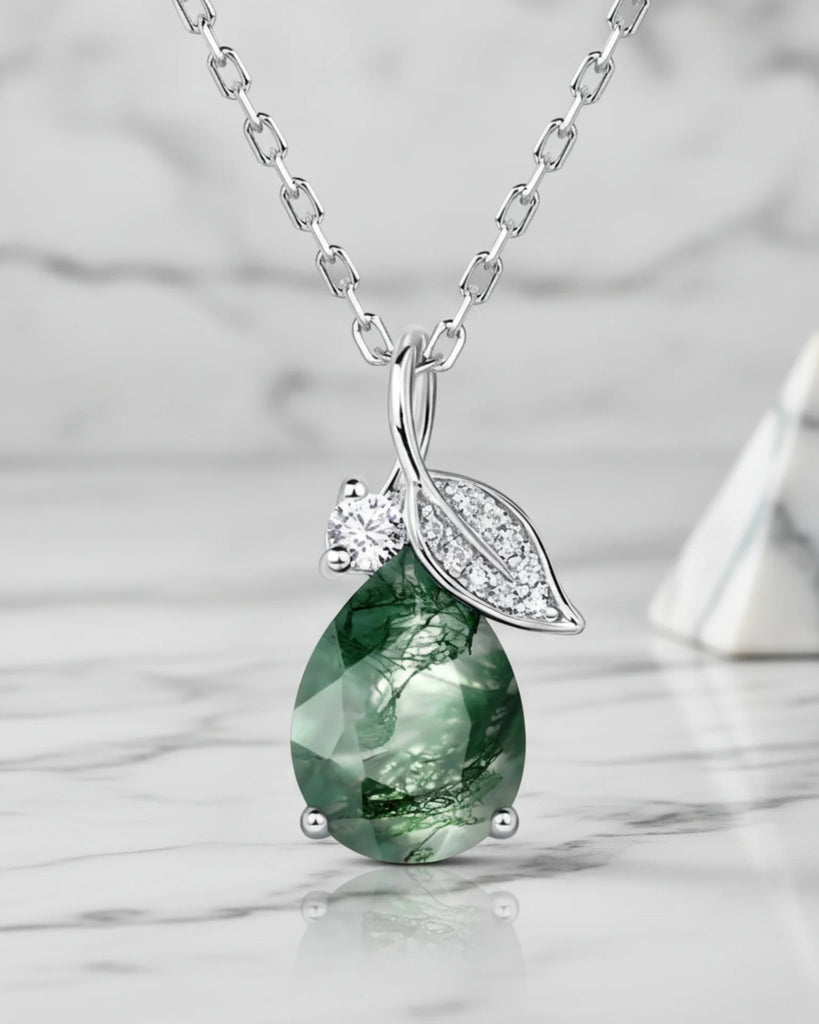 Sterling Silver Moss Agate Teardrop Necklace