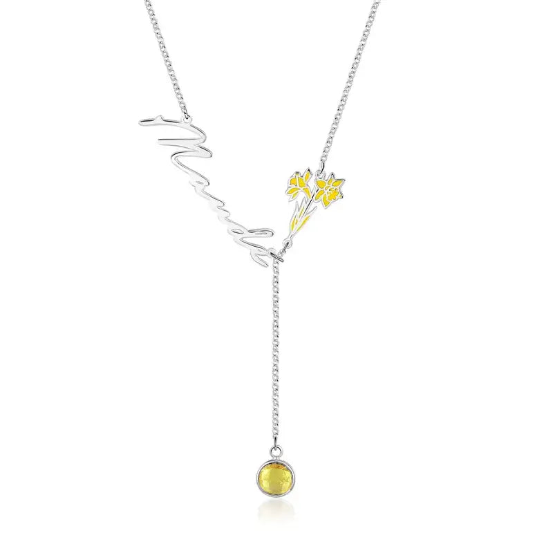 Sterling Silver Name Necklace with Birthstone and Birthflower