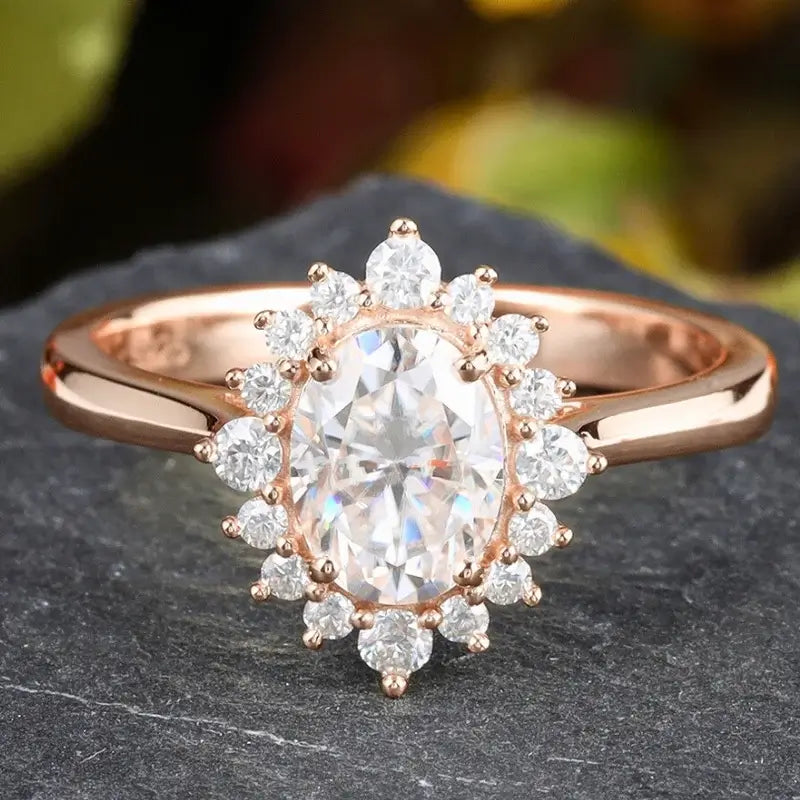 Oval rose gold halo 2025 engagement rings