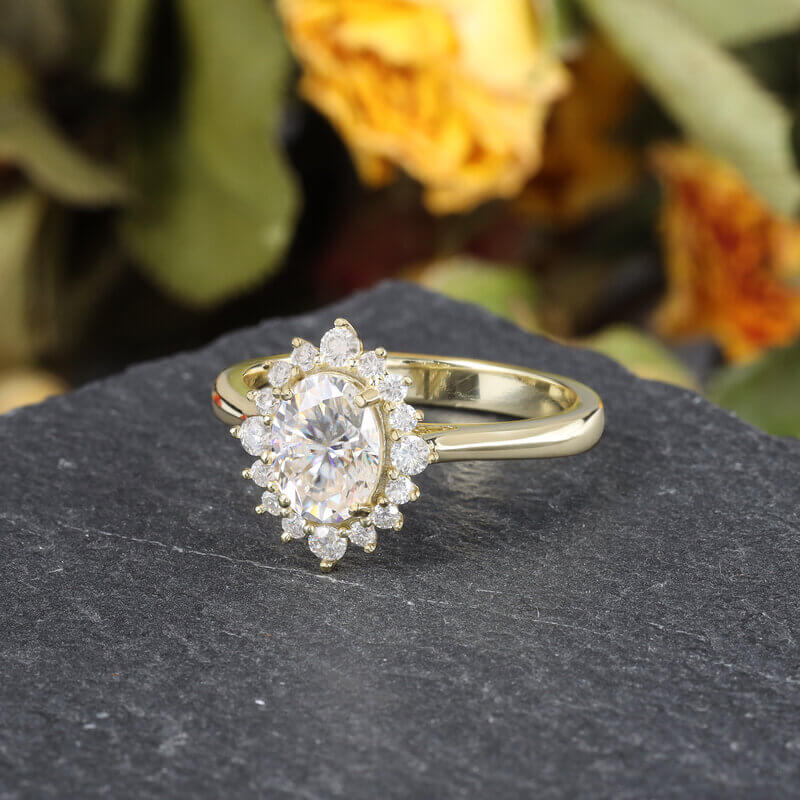 Sterling Silver Oval Cut Moissanite Halo Ring Yellow Gold Plated