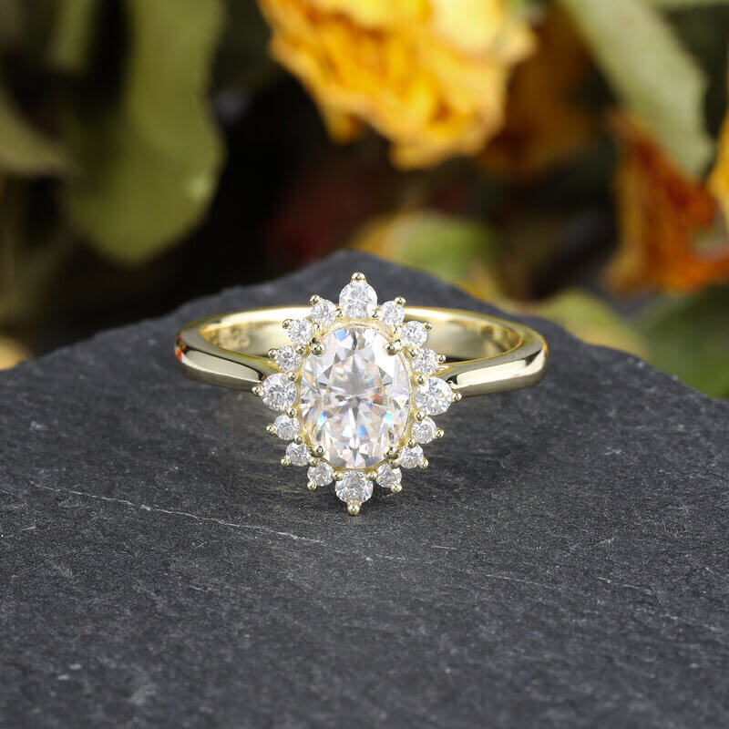 Sterling Silver Oval Cut Moissanite Halo Ring Yellow Gold Plated