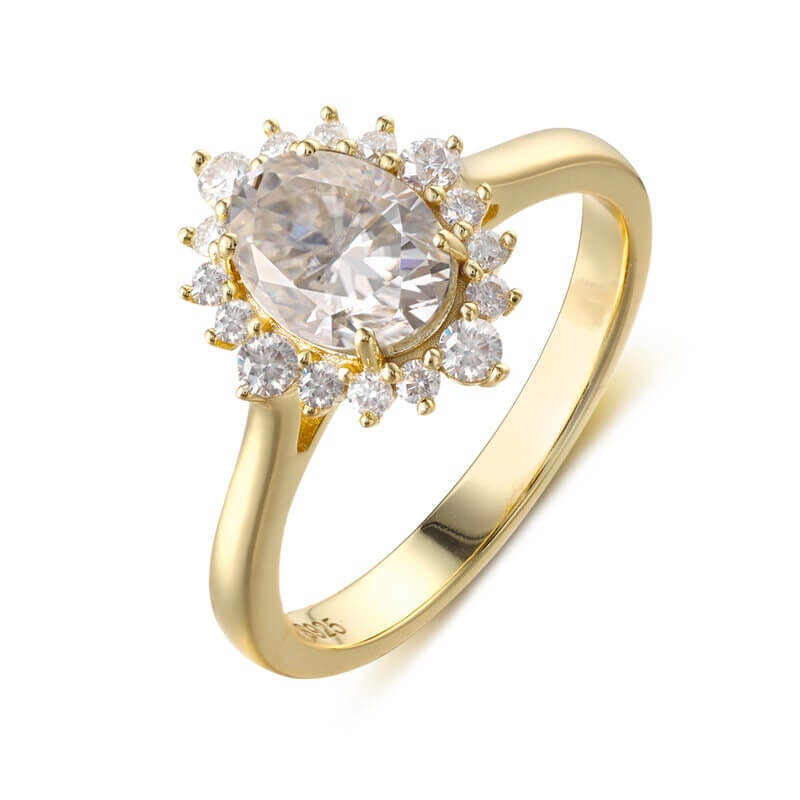 Sterling Silver Oval Cut Moissanite Halo Ring Yellow Gold Plated