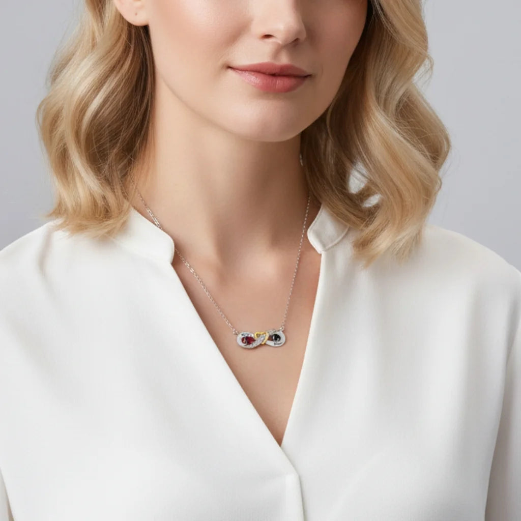 Sterling Silver Personalised Infinity Heart Birthstone Necklace with Engraved Names