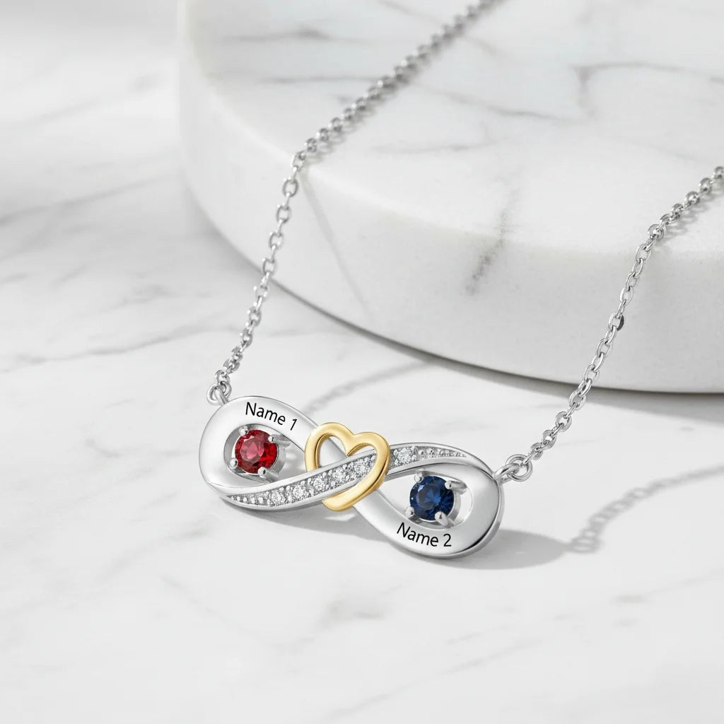 Sterling Silver Personalised Infinity Heart Birthstone Necklace with Engraved Names
