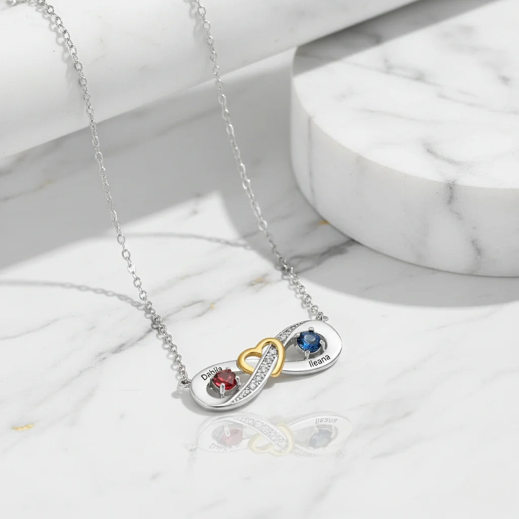 Sterling Silver Personalised Infinity Heart Birthstone Necklace with Engraved Names
