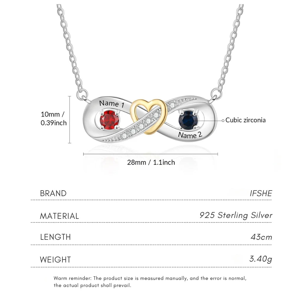 Sterling Silver Personalised Infinity Heart Birthstone Necklace with Engraved Names