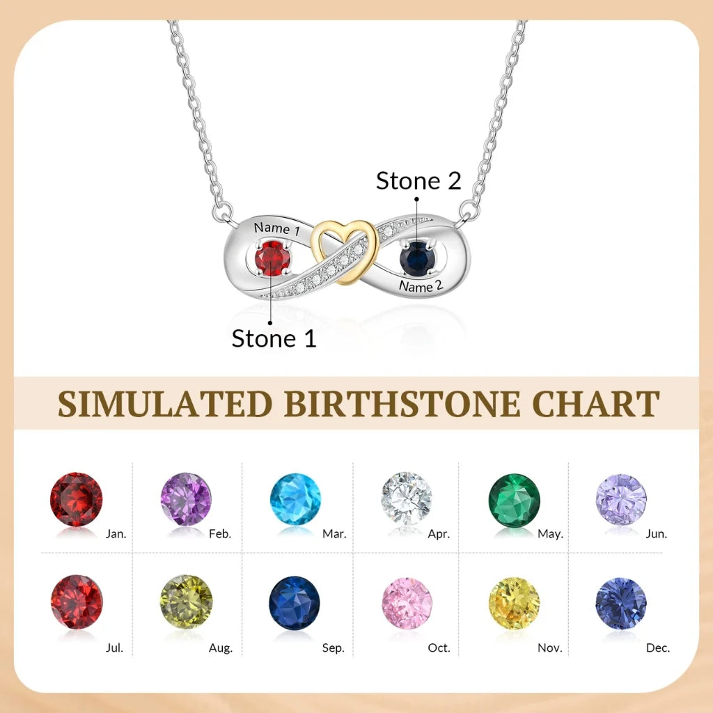 Sterling Silver Personalised Infinity Heart Birthstone Necklace with Engraved Names