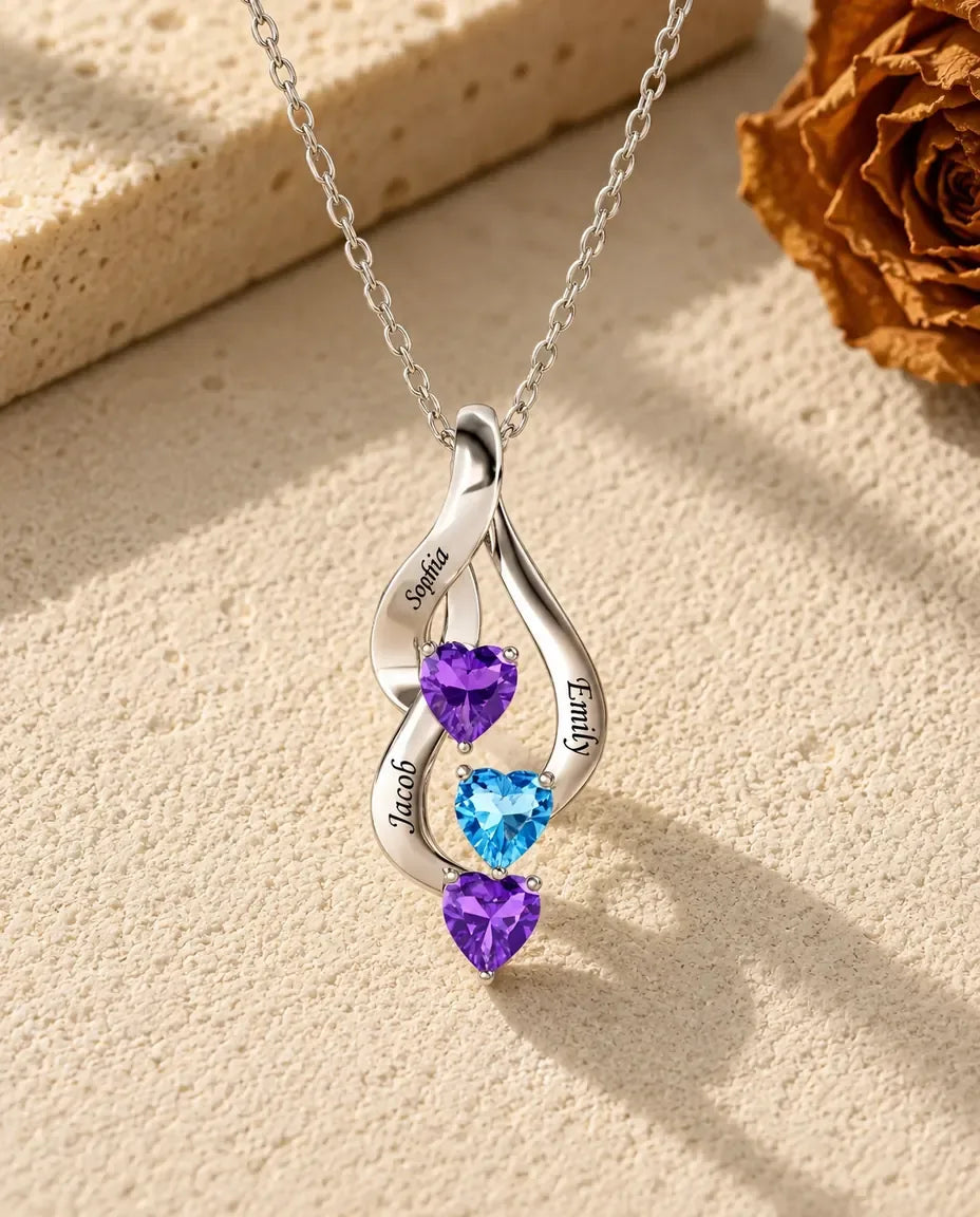 Personalised Birthstone Necklace for Mum - front view in silver