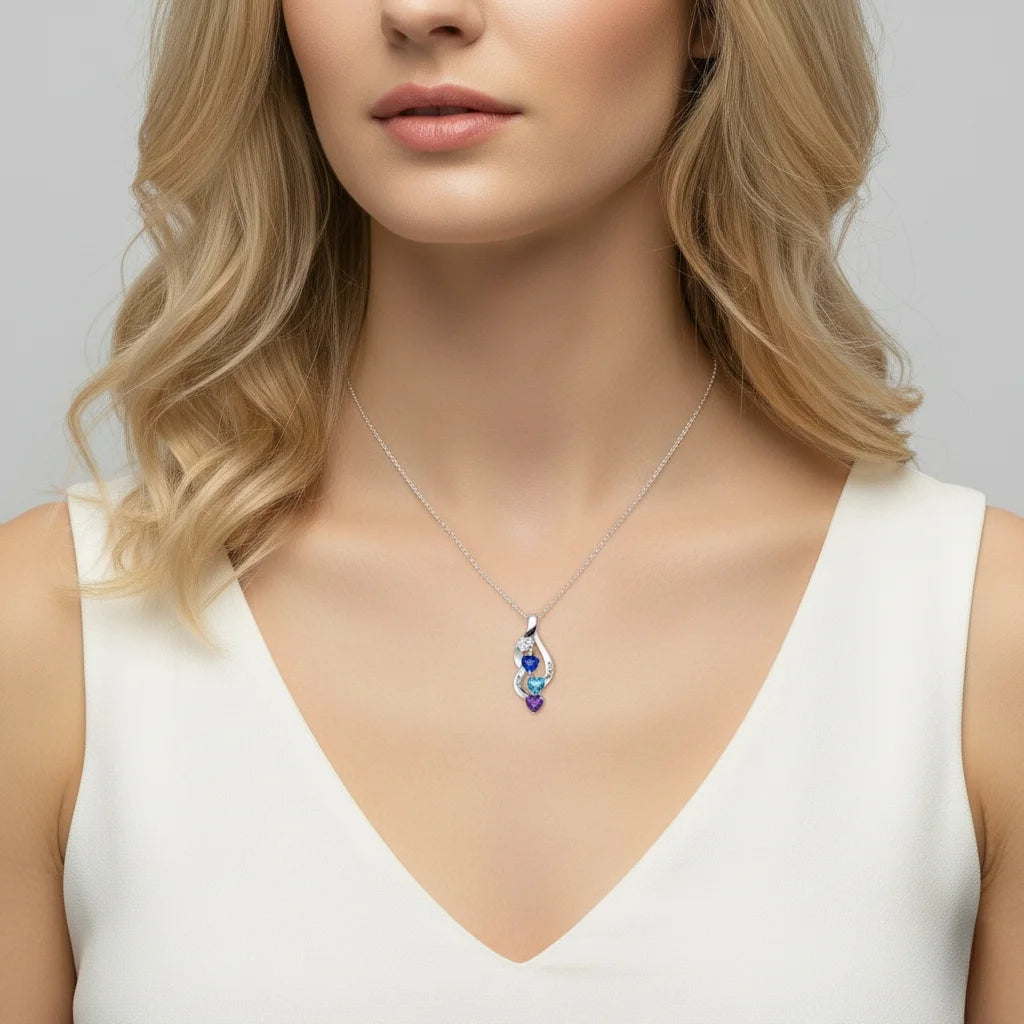Sterling Silver Personalised Mum Necklace with 3 Engraved Names & Heart Birthstones