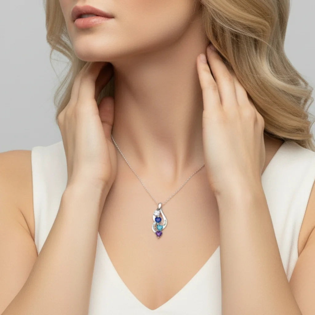 Sterling Silver Personalised Mum Necklace with 3 Engraved Names & Heart Birthstones