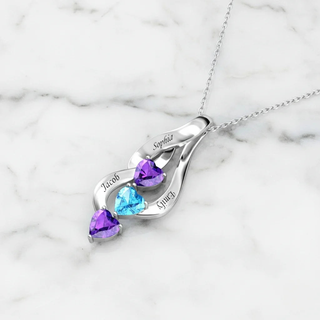 Sterling Silver Personalised Mum Necklace with 3 Engraved Names & Heart Birthstones