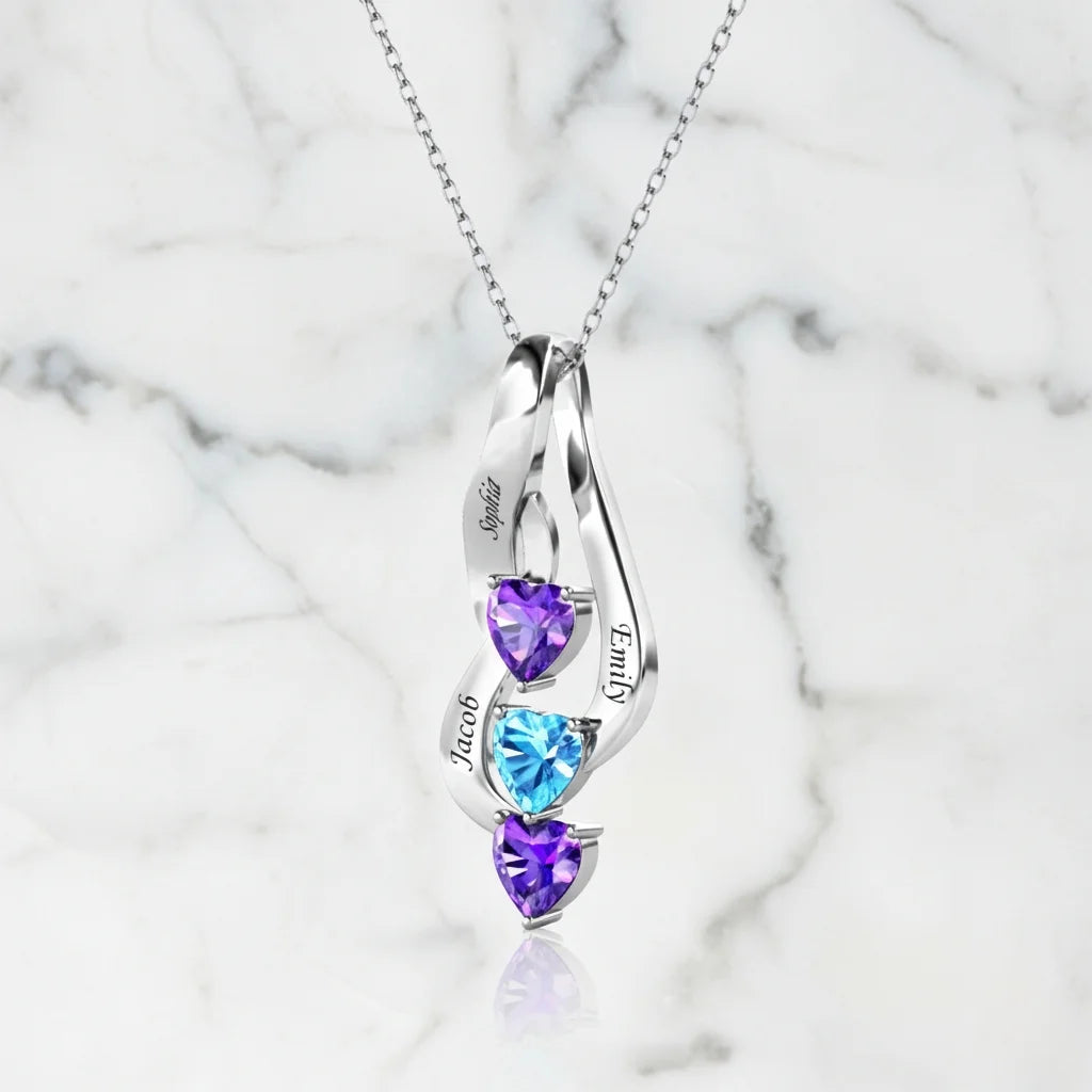 Sterling Silver Personalised Mum Necklace with 3 Engraved Names & Heart Birthstones