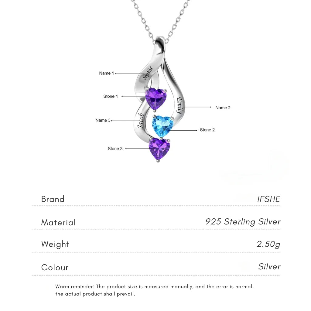 Sterling Silver Personalised Mum Necklace with 3 Engraved Names & Heart Birthstones