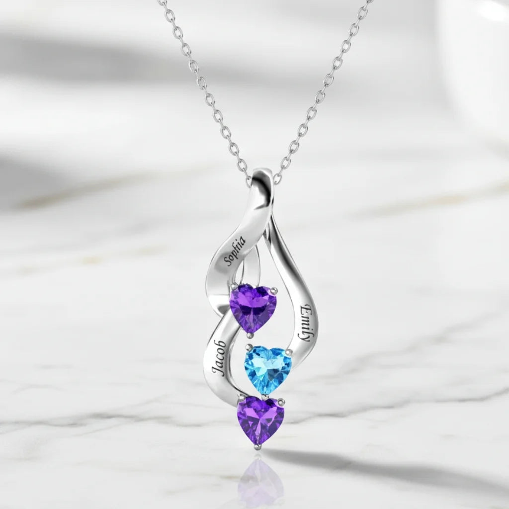 Sterling Silver Personalised Mum Necklace with 3 Engraved Names & Heart Birthstones