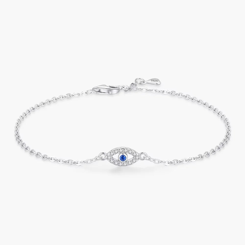 Sterling Silver Turkish Blue Evil Eye Bracelet with Zircon Charm – Lucky Eye Jewellery for Women