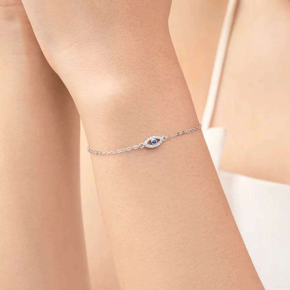 Sterling Silver Turkish Blue Evil Eye Bracelet with Zircon Charm – Lucky Eye Jewellery for Women