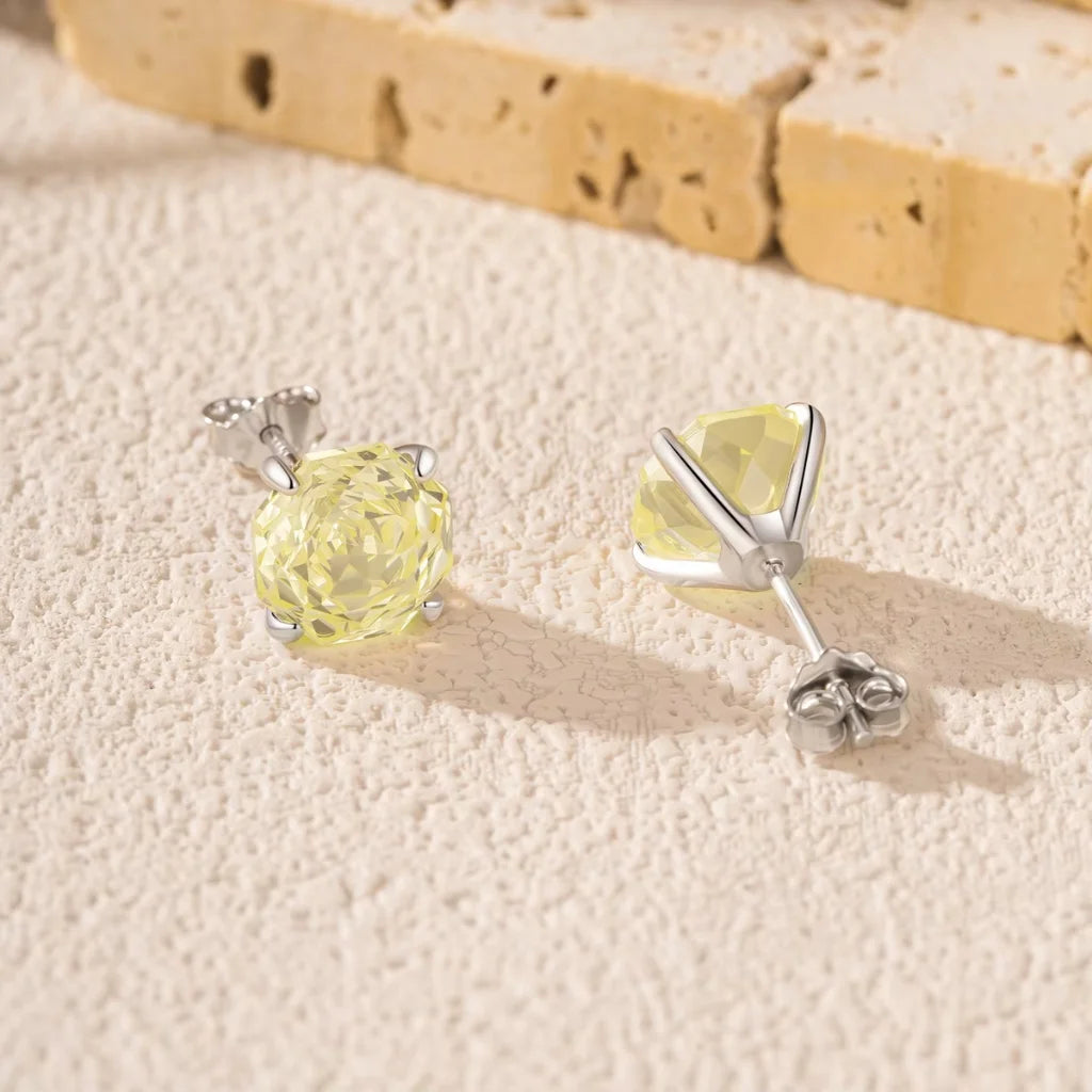 Stud Earrings for Women - 925 Sterling Silver - Light Yellow Zircon Octagon Rose Cut
