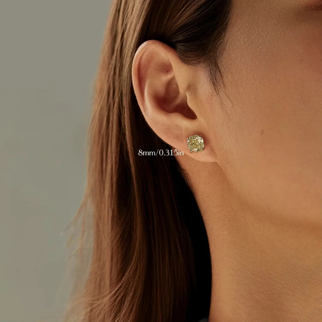Stud Earrings for Women - 925 Sterling Silver - Light Yellow Zircon Octagon Rose Cut