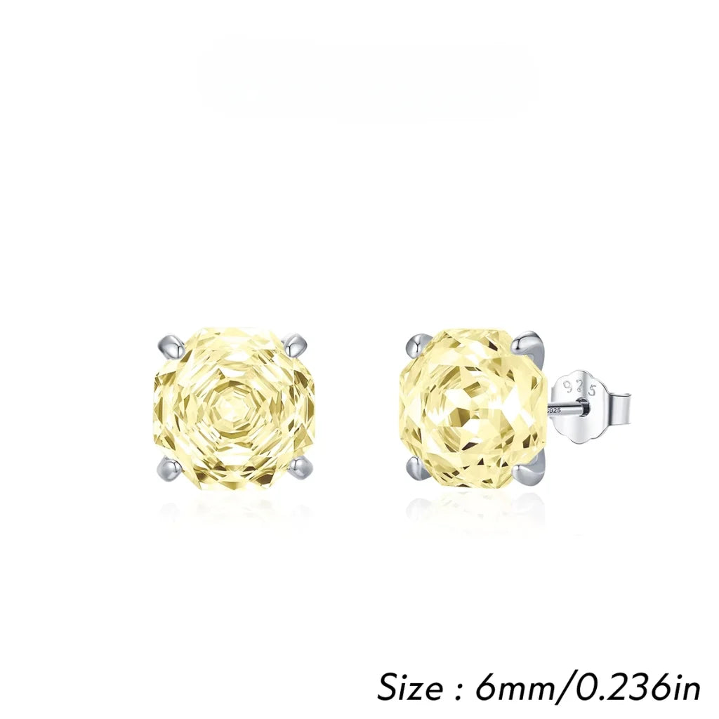 Stud Earrings for Women - 925 Sterling Silver - Light Yellow Zircon Octagon Rose Cut