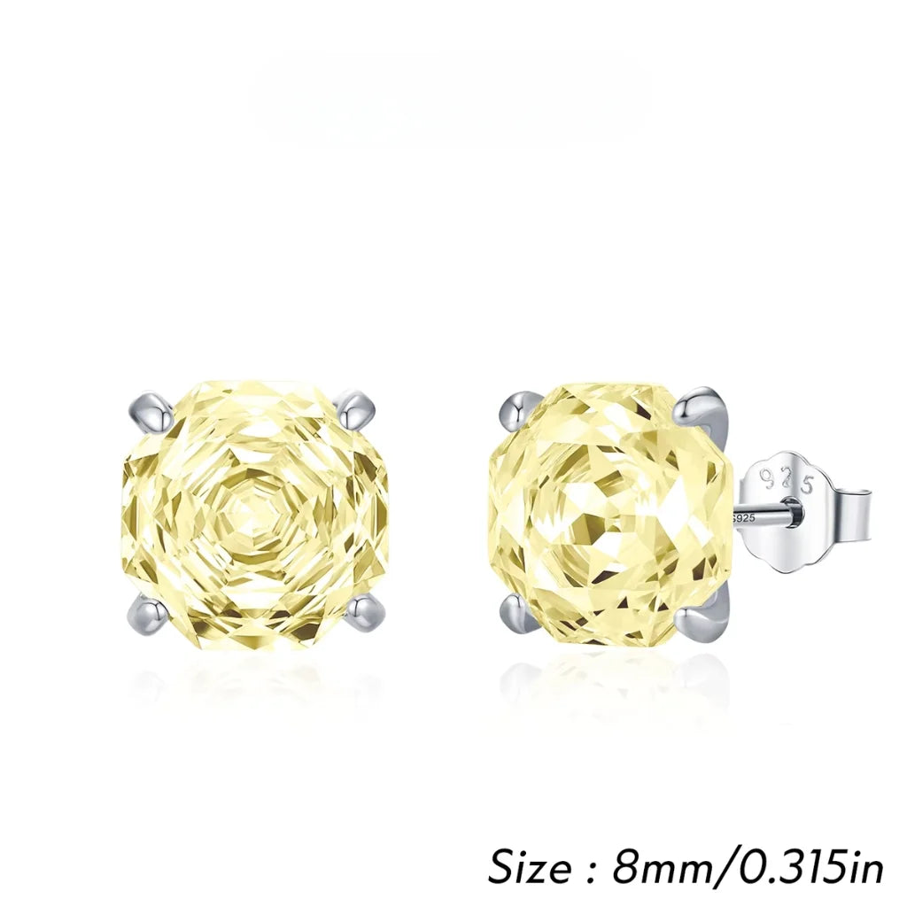 Stud Earrings for Women - 925 Sterling Silver - Light Yellow Zircon Octagon Rose Cut