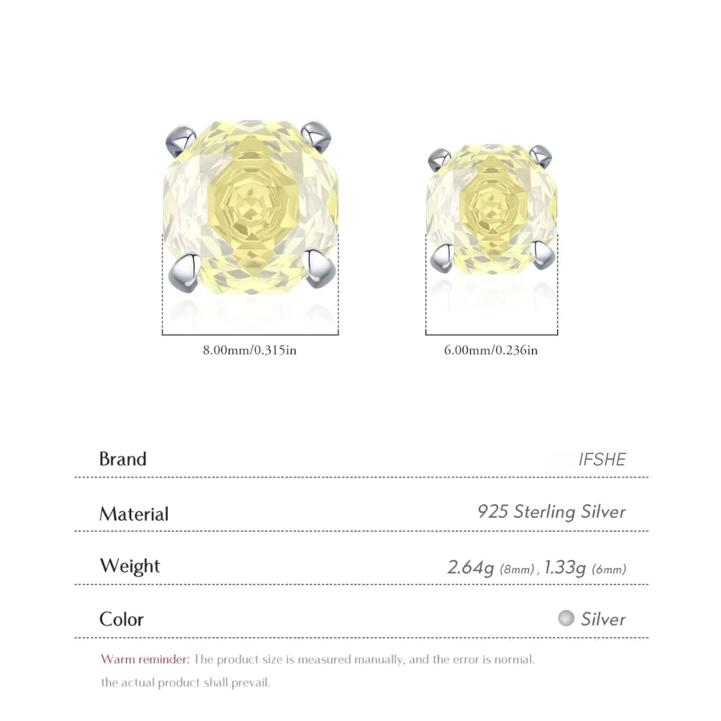 Stud Earrings for Women - 925 Sterling Silver - Light Yellow Zircon Octagon Rose Cut