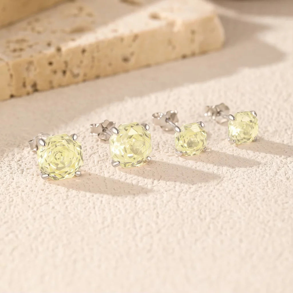 Stud Earrings for Women - 925 Sterling Silver - Light Yellow Zircon Octagon Rose Cut