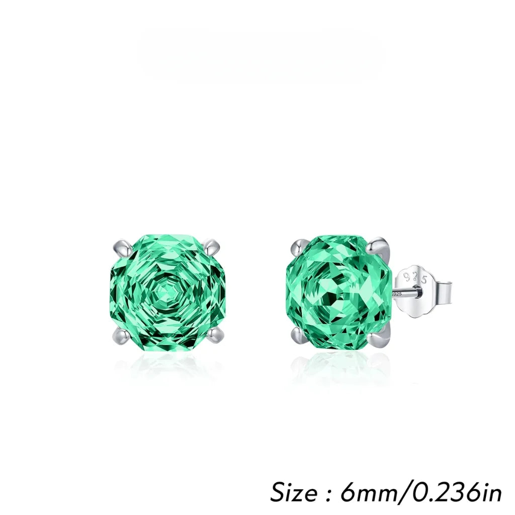 Stud Earrings for Women - 925 Sterling Silver - Zircon - Paraiba-Inspired Octagon