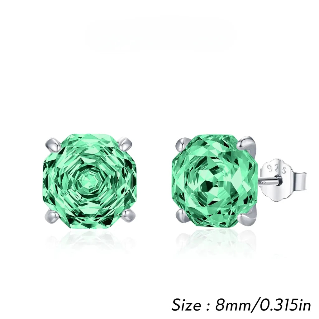 Stud Earrings for Women - 925 Sterling Silver - Zircon - Paraiba-Inspired Octagon