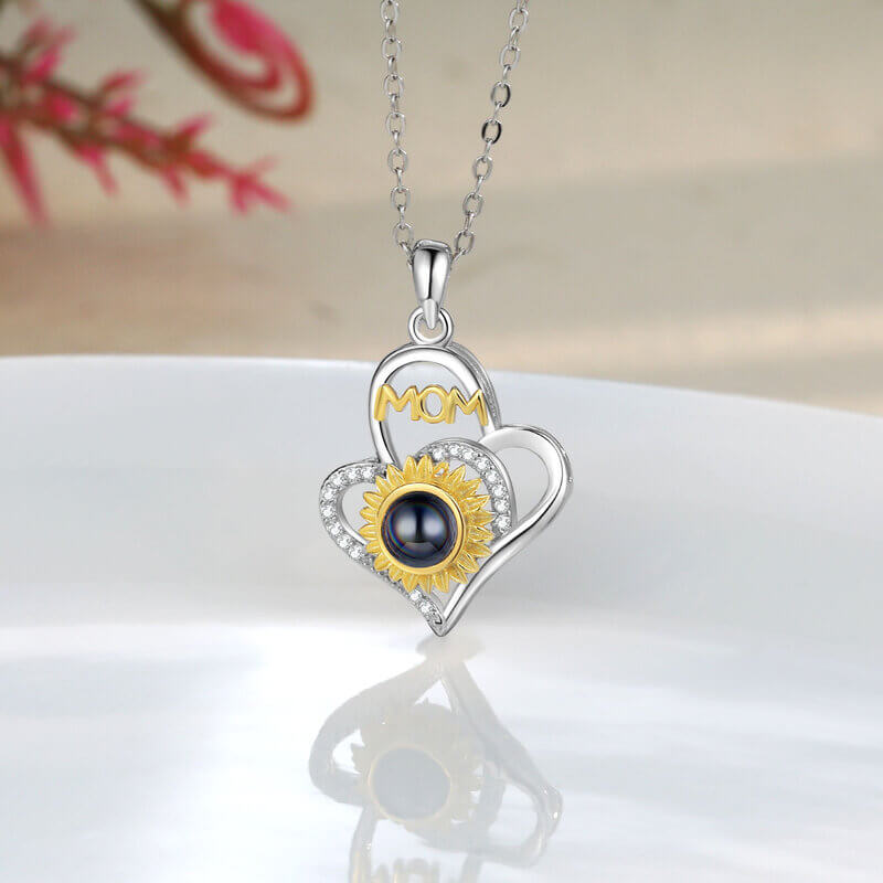 Personalised Sunflower Heart Photo Projection Mom Necklace