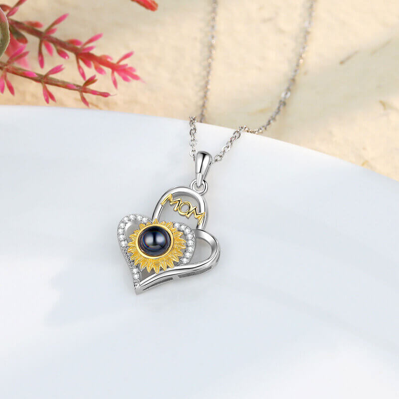 Personalised Sunflower Heart Photo Projection Mom Necklace