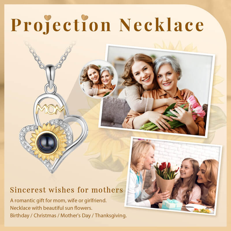 Personalised Sunflower Heart Photo Projection Mom Necklace