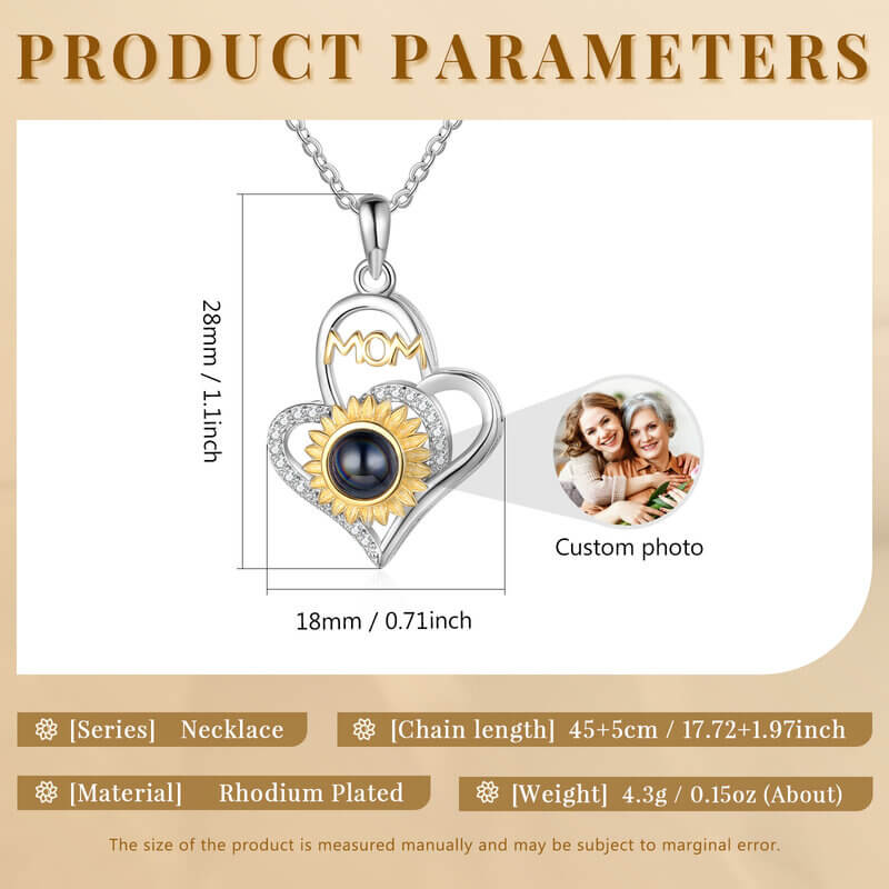 Personalised Sunflower Heart Photo Projection Mom Necklace